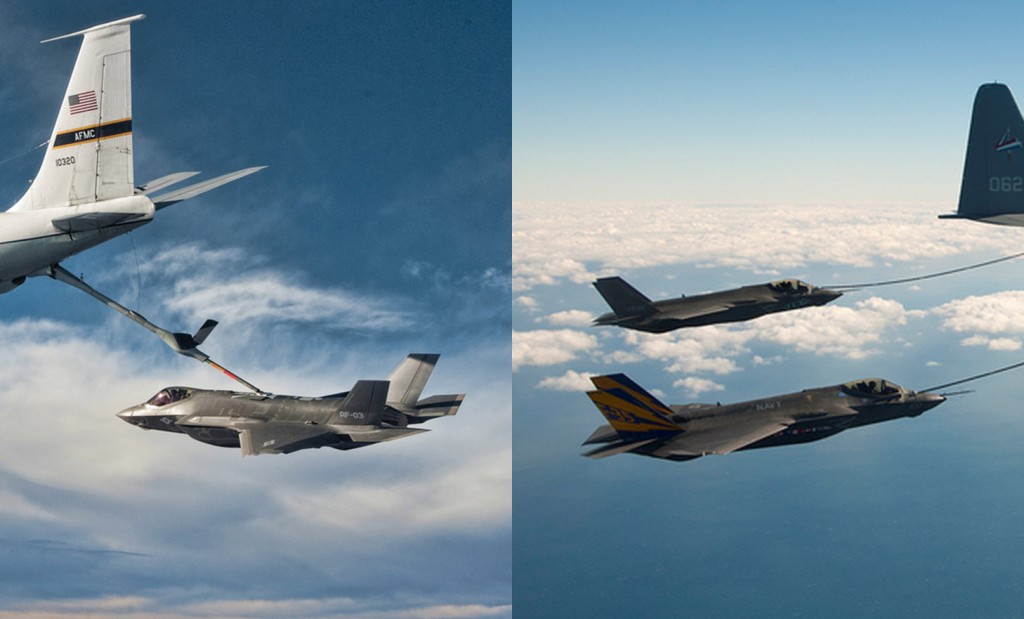 Dei to metodane F-35 kan nytte for å få drivstoff i lufta. A-modellen til venstre (samme som F-16) og B og C-modellane til høgre (probe and drogue)